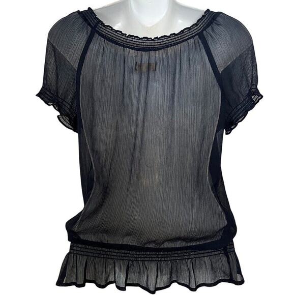 Hollister Sheer Dark Navy Y2K Ruffle Whimsigoth Fairy Top Shirt Smocked sz M - Picture 15 of 16